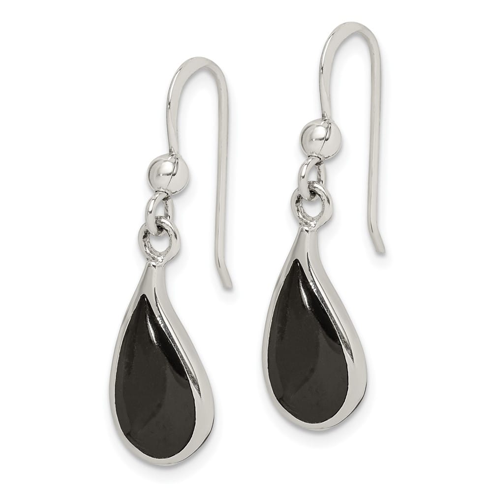 Sterling Silver Polished Curved Onyx Teardrop Dangle Earrings, view 2 of 4