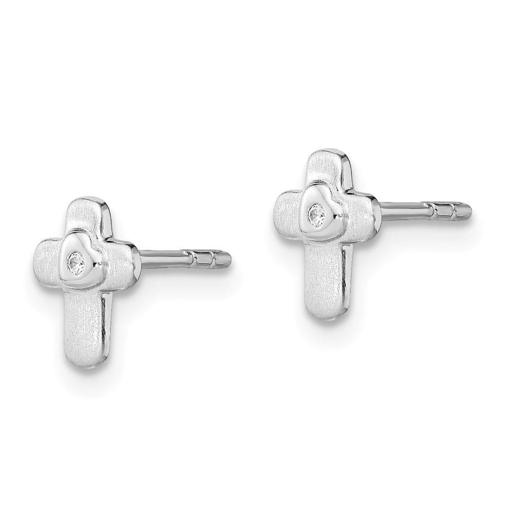 Sterling Silver Polished CZ Cross Children's Post Earrings
