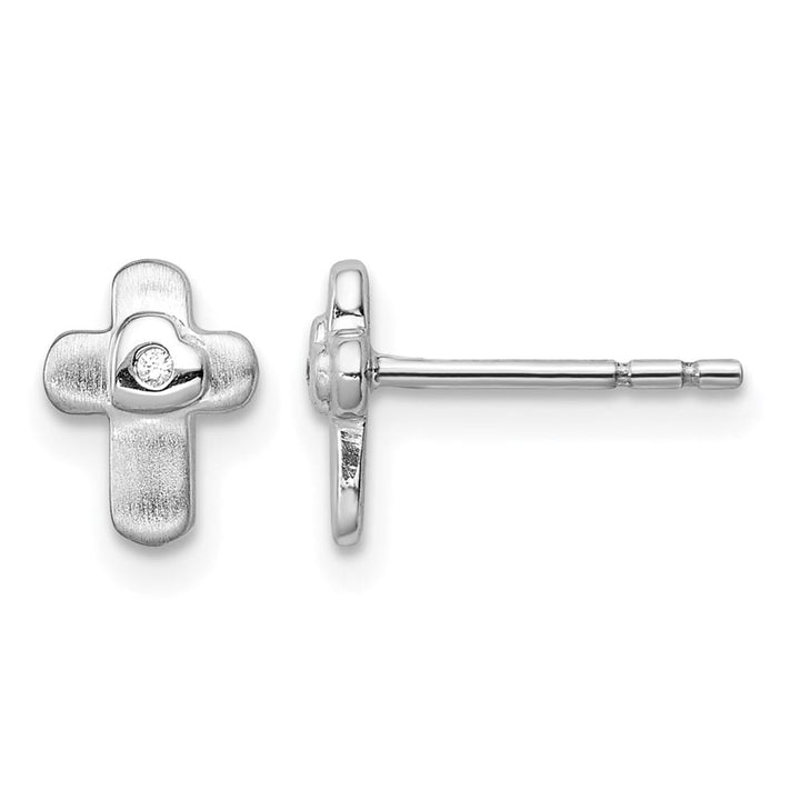 Sterling Silver Polished CZ Cross Children's Post Earrings