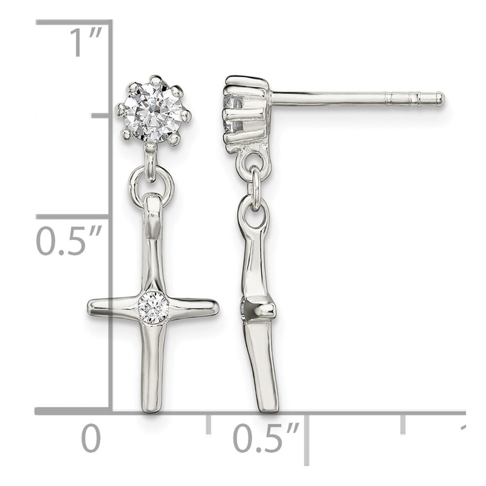 Sterling Silver Polished CZ Cross Post Dangle 21.3 x 8.2 mm Earrings, view 4 of 4