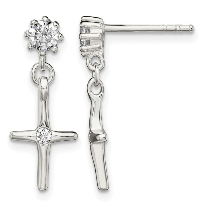 Sterling Silver Polished CZ Cross Post Dangle 21.3 x 8.2 mm Earrings, view 1 of 4