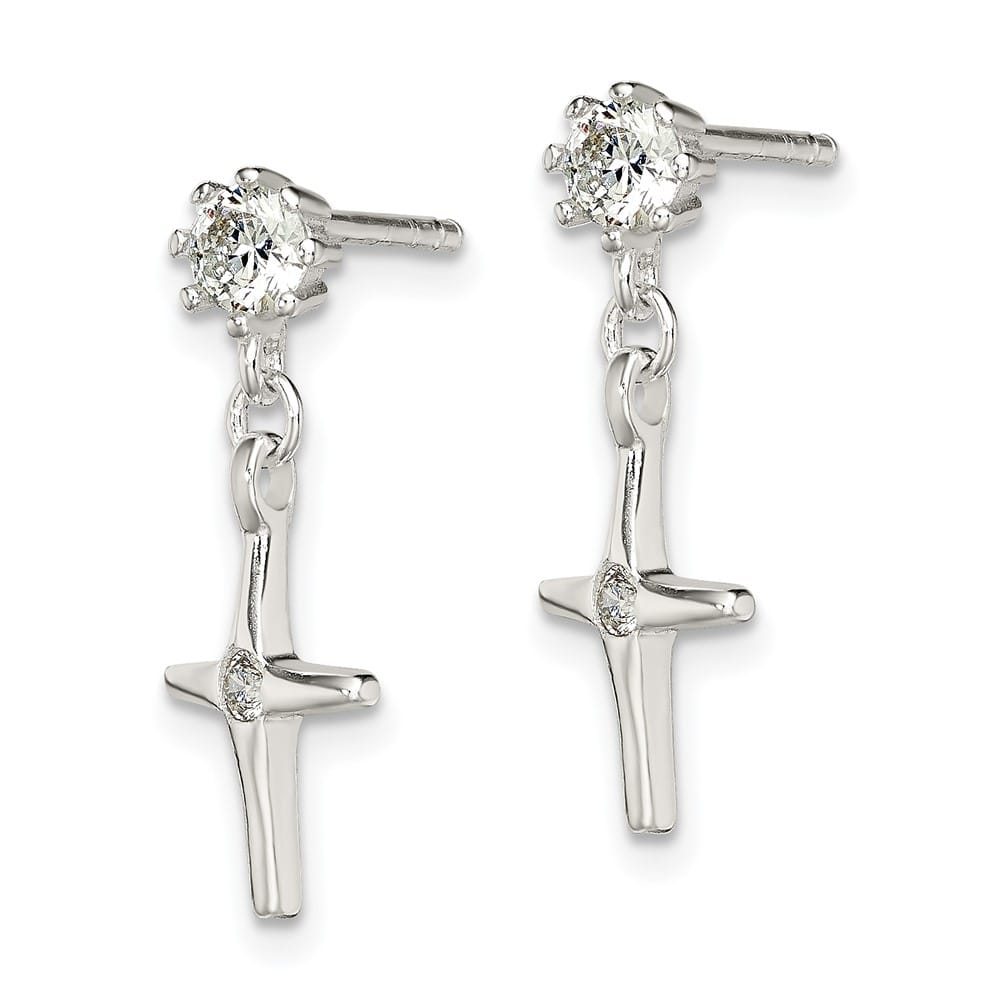 Sterling Silver Polished CZ Cross Post Dangle 21.3 x 8.2 mm Earrings, view 2 of 4