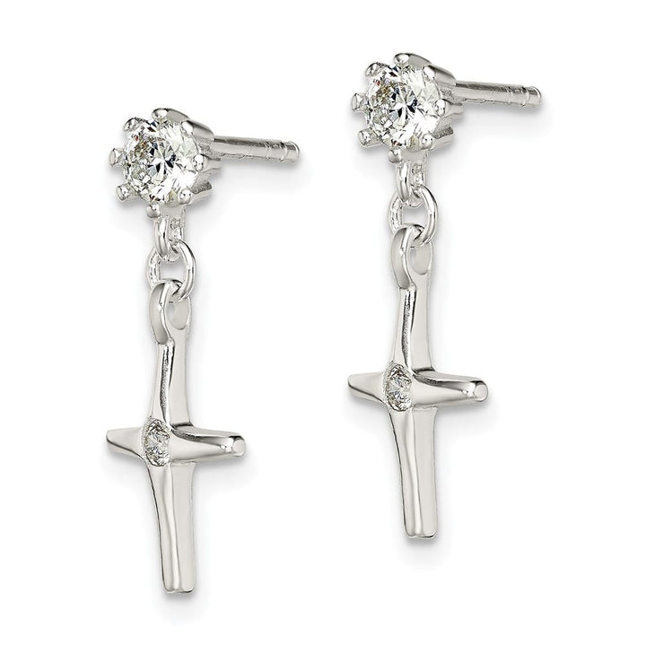 Sterling Silver Polished CZ Cross Post Dangle 21.3 x 8.2 mm Earrings, view 2 of 4