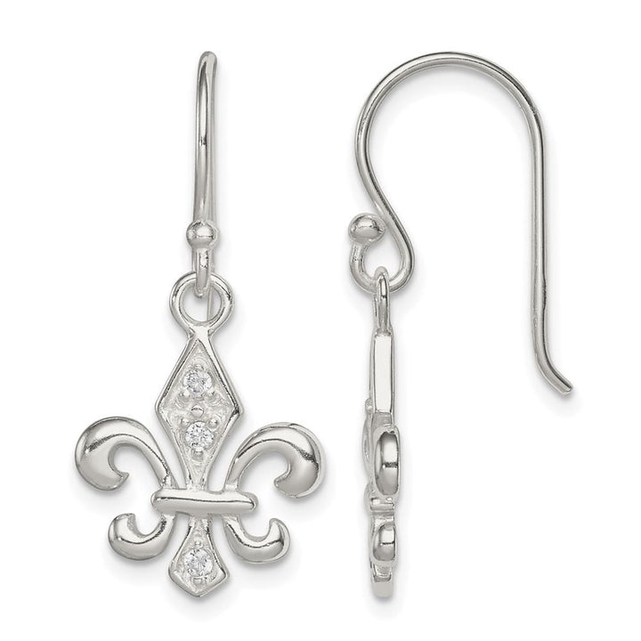 Sterling Silver Polished CZ Fleur de Lis Dangle Earrings, view 1 of 4