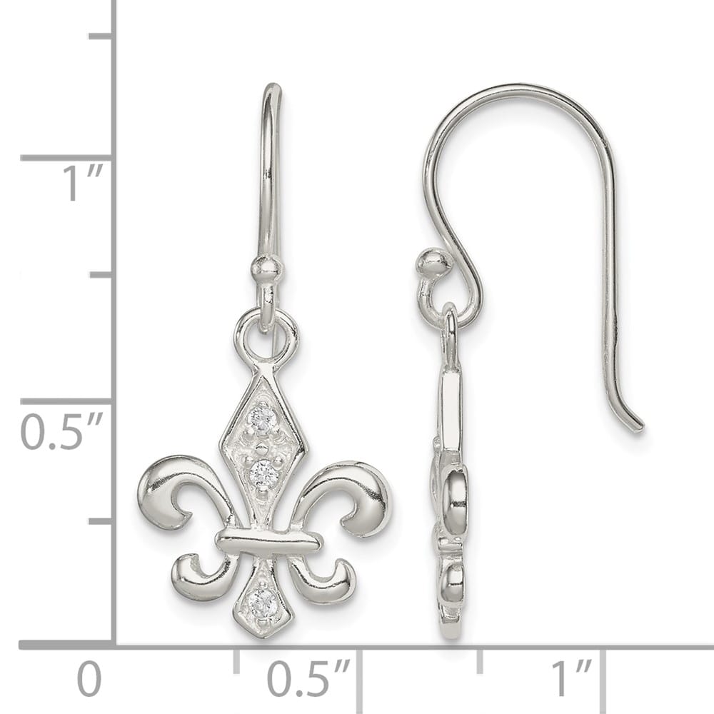Sterling Silver Polished CZ Fleur de Lis Dangle Earrings, view 4 of 4