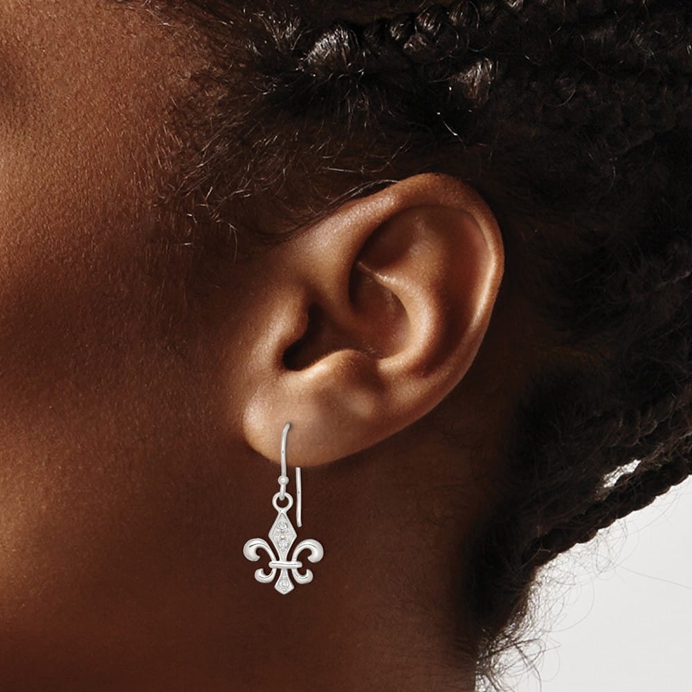 Sterling Silver Polished CZ Fleur de Lis Dangle Earrings, view 3 of 4