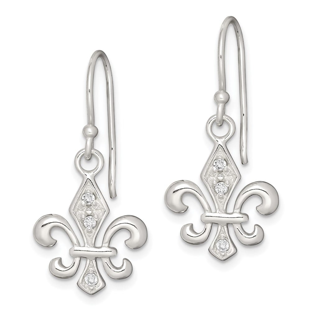 Sterling Silver Polished CZ Fleur de Lis Dangle Earrings, view 2 of 4