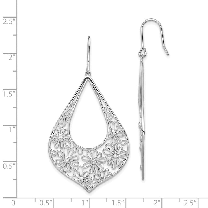 Sterling Silver Polished CZ Floral Teardrop Dangle Earrings, view 4 of 4