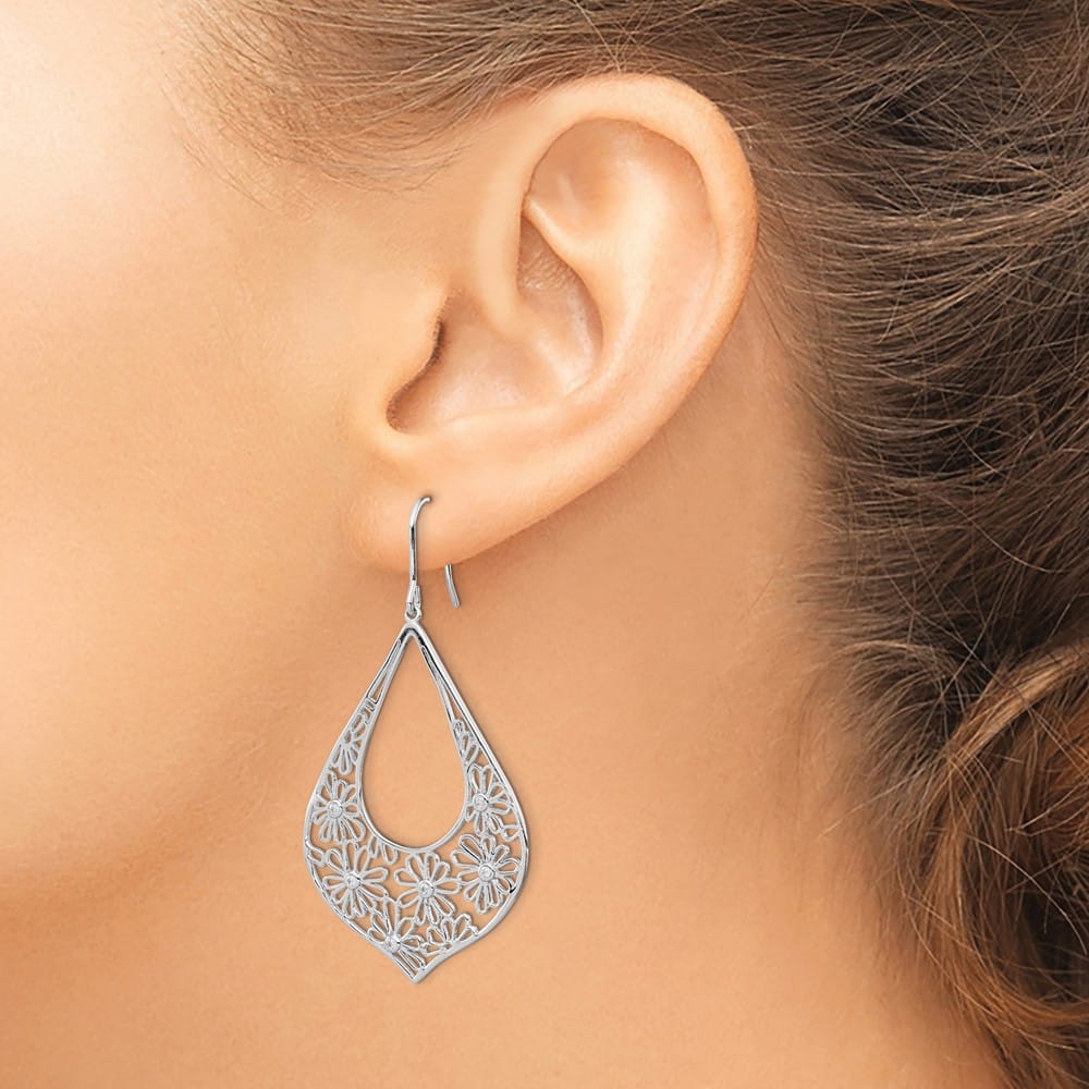 Sterling Silver Polished CZ Floral Teardrop Dangle Earrings, view 3 of 4