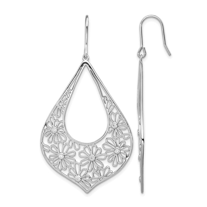 Sterling Silver Polished CZ Floral Teardrop Dangle Earrings, view 1 of 4