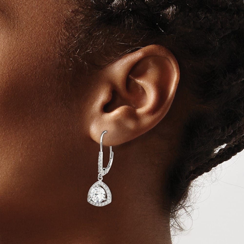 Sterling Silver Polished CZ Leverback 32 x 12 mm Earrings, view 3 of 4