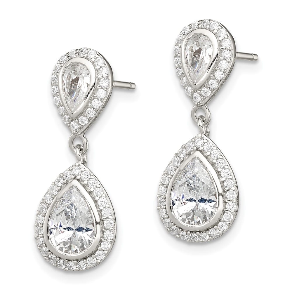 Sterling Silver Polished CZ Pear Halo Post Dangle Earrings, view 2 of 4