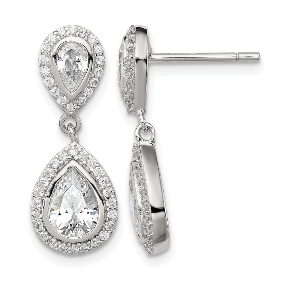 Sterling Silver Polished CZ Pear Halo Post Dangle Earrings, view 1 of 4