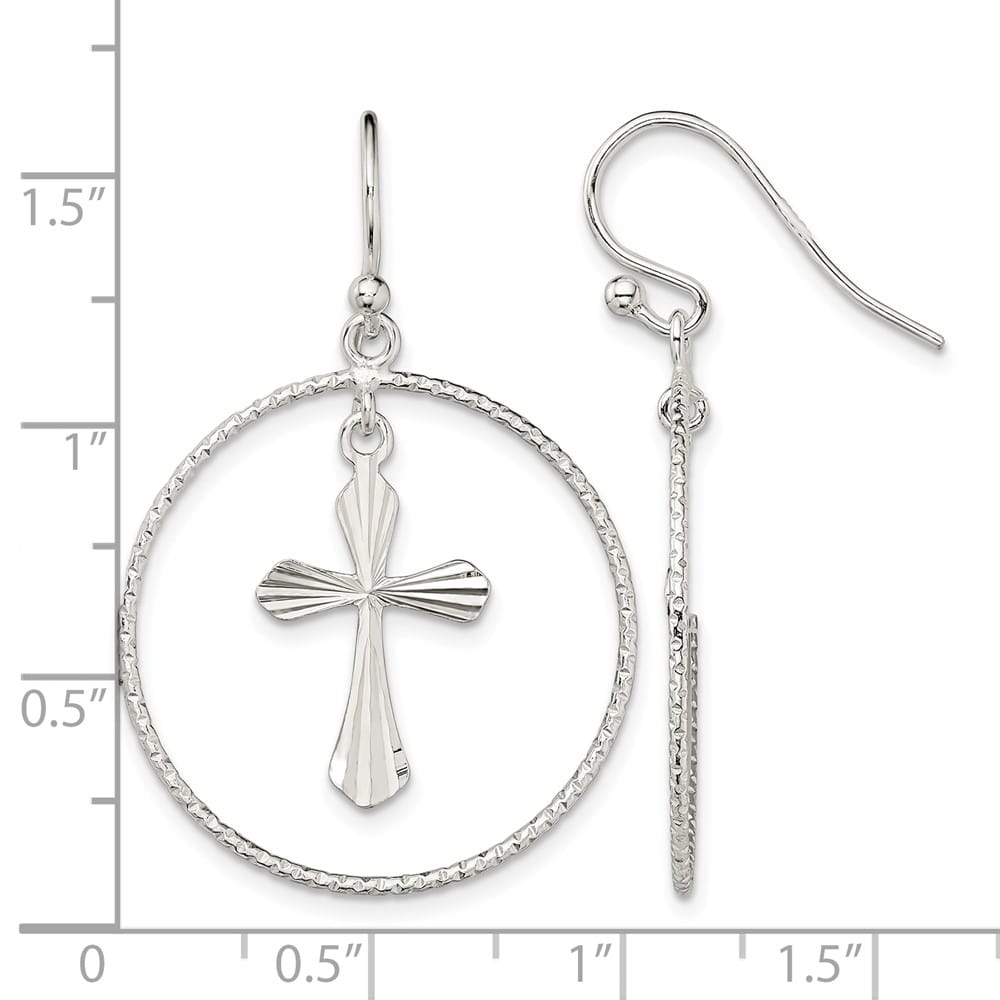 Sterling Silver Polished & D.C. Cross Circle Dangle Earrings, view 4 of 4
