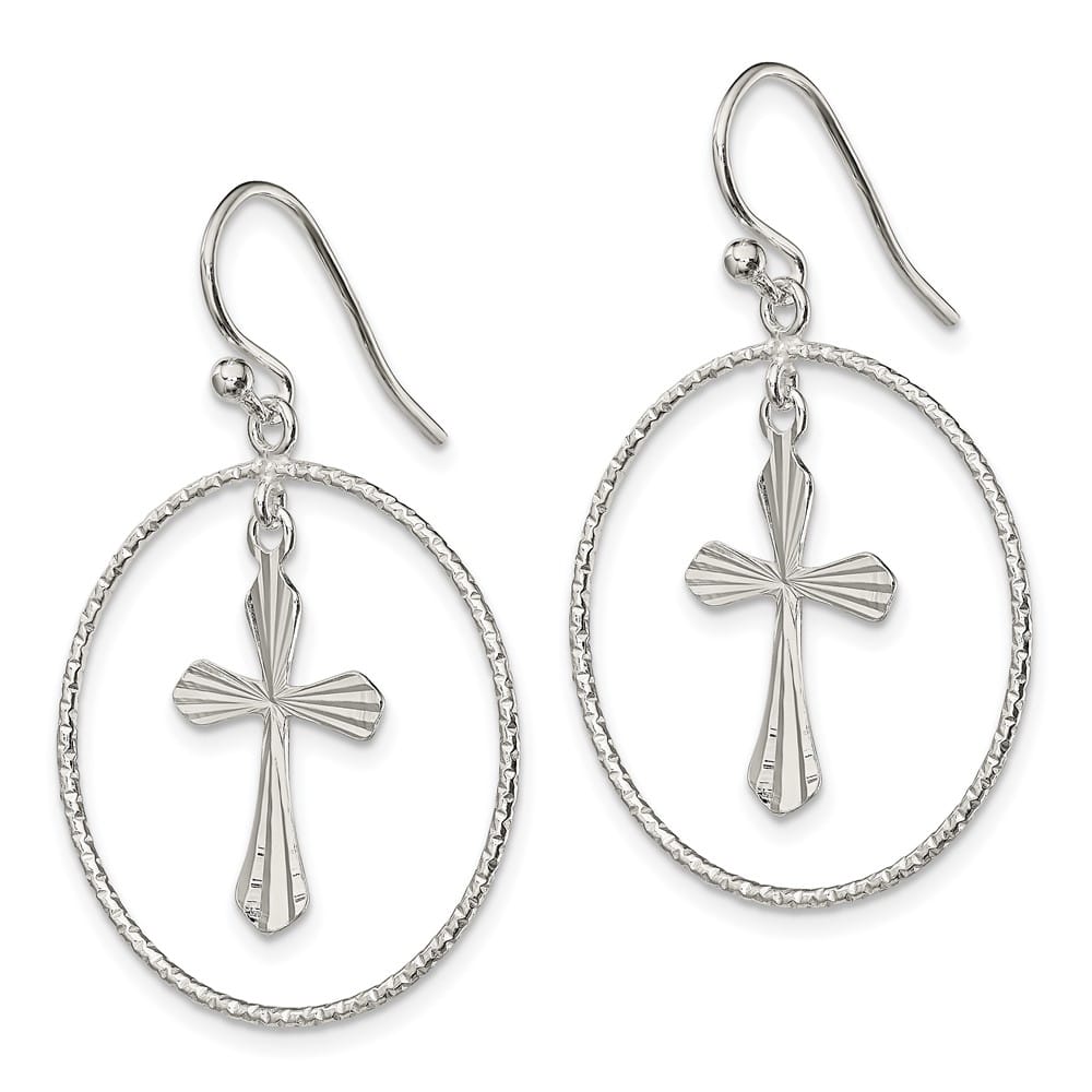 Sterling Silver Polished & D.C. Cross Circle Dangle Earrings, view 2 of 4