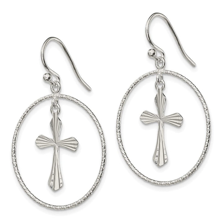 Sterling Silver Polished & D.C. Cross Circle Dangle Earrings, view 2 of 4