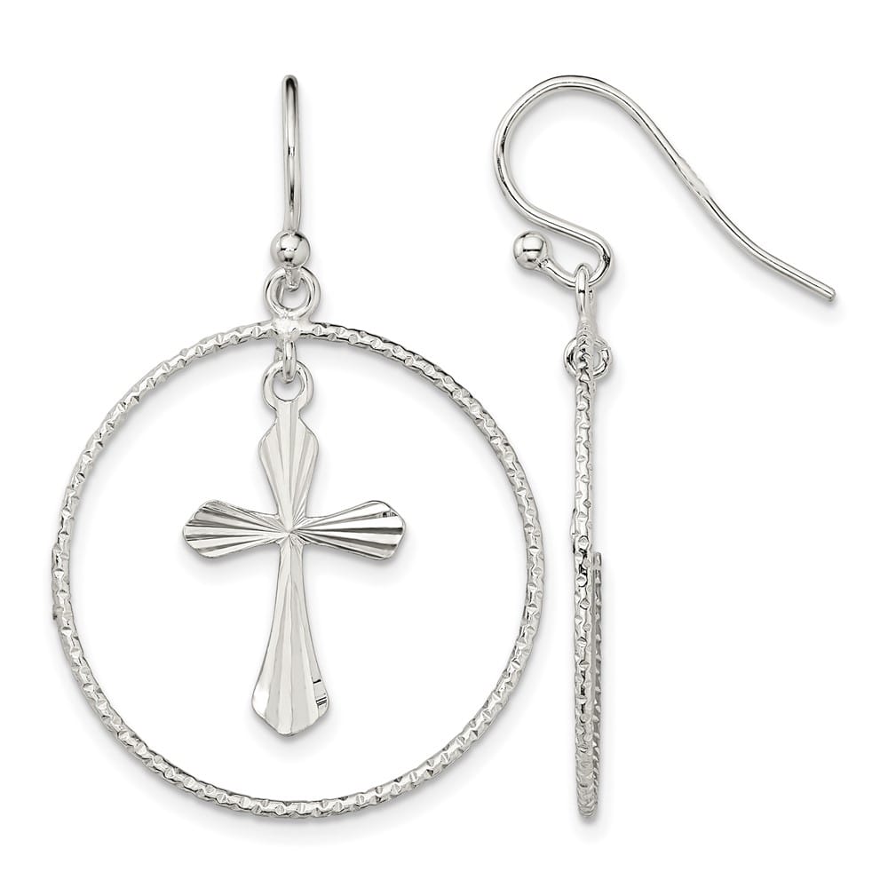 Sterling Silver Polished & D.C. Cross Circle Dangle Earrings, view 1 of 4