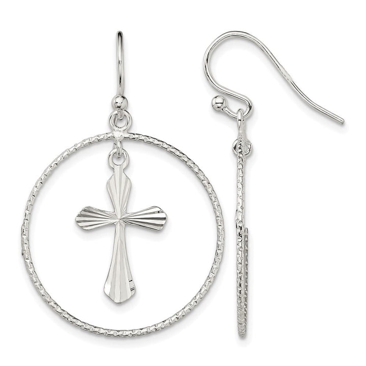 Sterling Silver Polished & D.C. Cross Circle Dangle Earrings, view 1 of 4