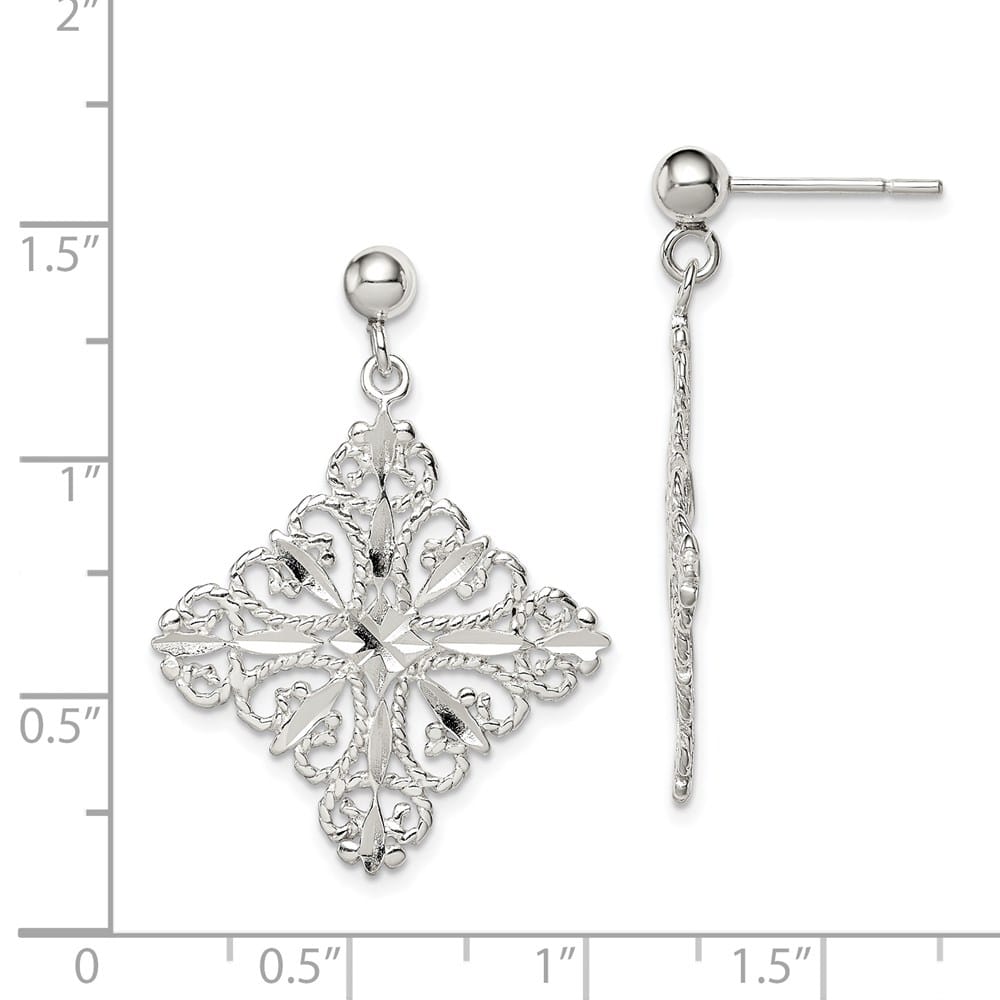 Sterling Silver Polished & D.C. Filigree Square Post Dangle Earrings, view 4 of 4
