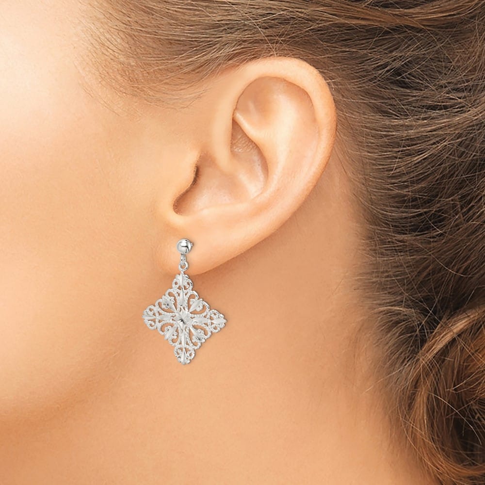 Sterling Silver Polished & D.C. Filigree Square Post Dangle Earrings, view 3 of 4
