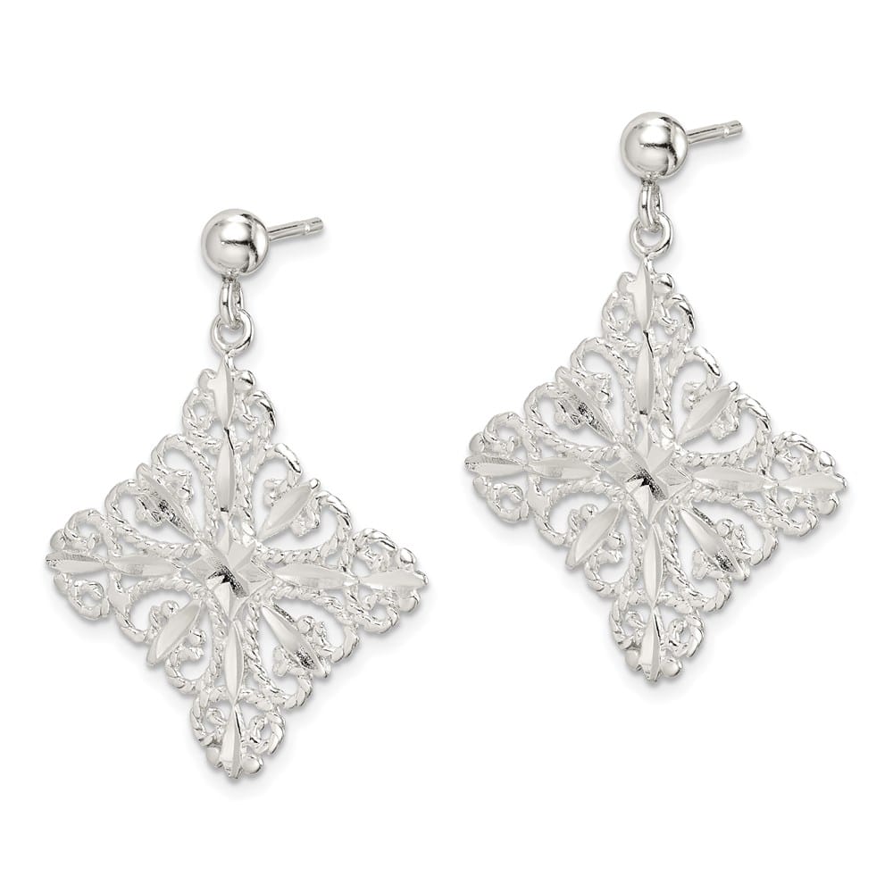 Sterling Silver Polished & D.C. Filigree Square Post Dangle Earrings, view 2 of 4