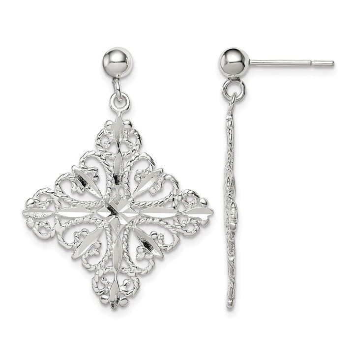 Sterling Silver Polished & D.C. Filigree Square Post Dangle Earrings, view 1 of 4