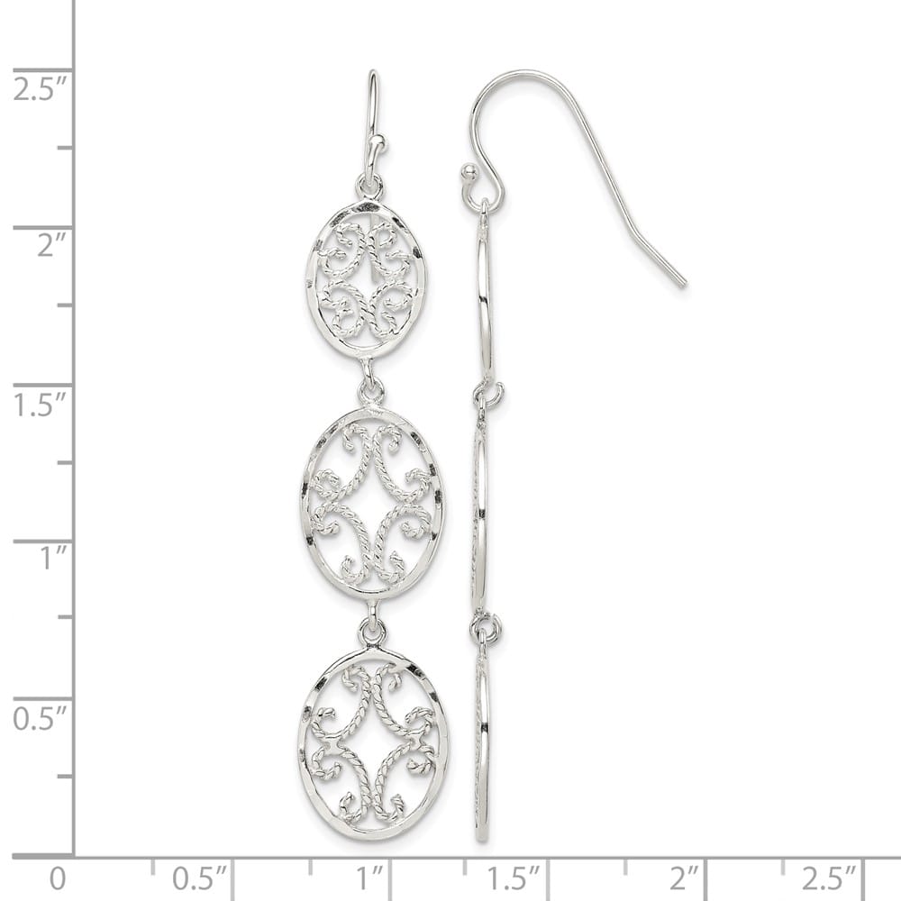 Sterling Silver Polished D.C. Filigree Triple Oval Dangle Earrings, view 4 of 4