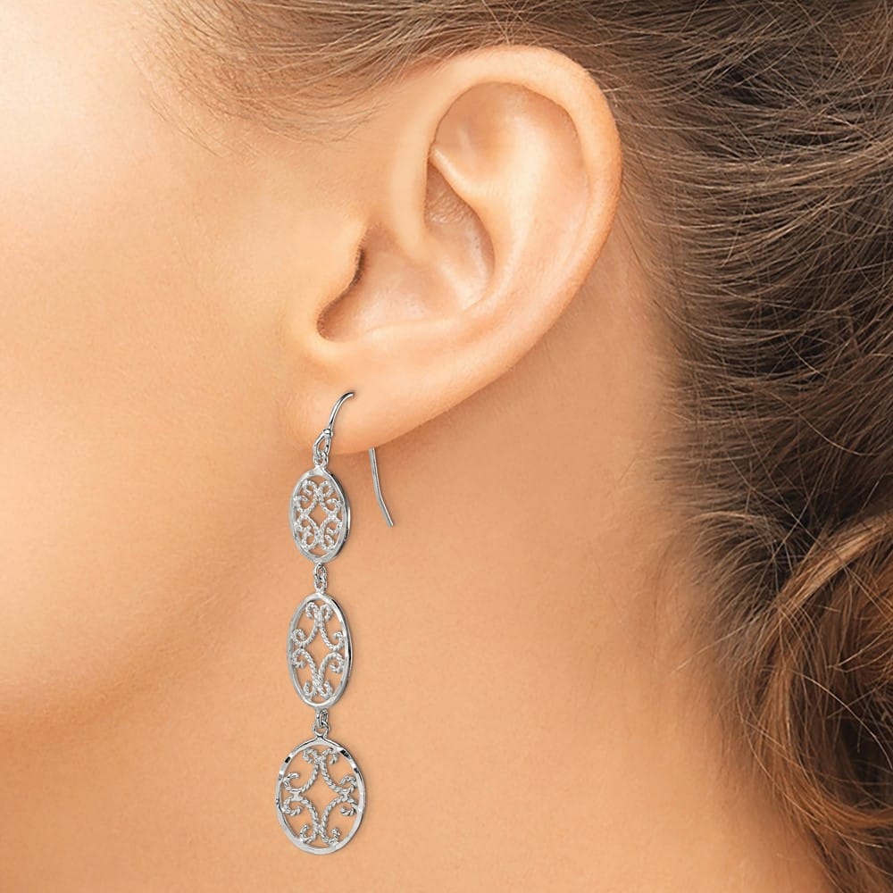 Sterling Silver Polished D.C. Filigree Triple Oval Dangle Earrings, view 3 of 4