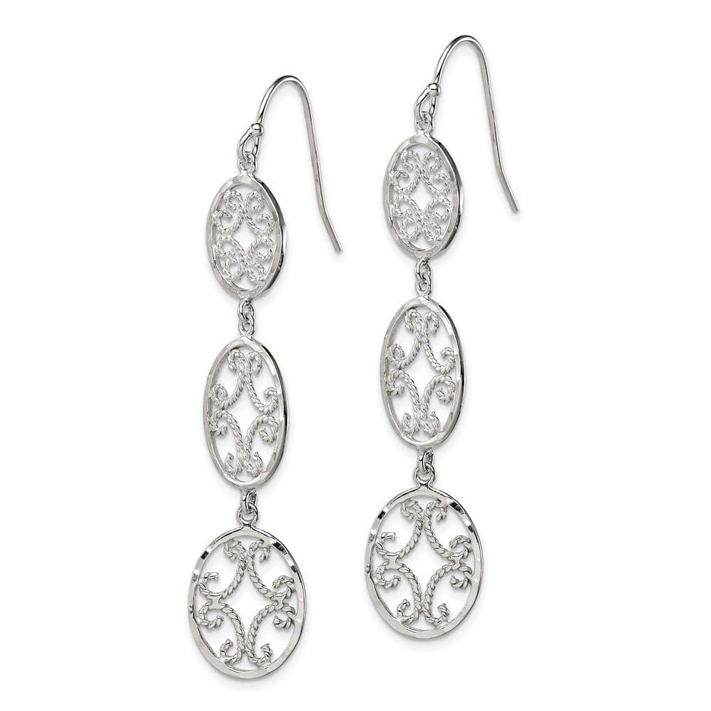Sterling Silver Polished D.C. Filigree Triple Oval Dangle Earrings, view 2 of 4