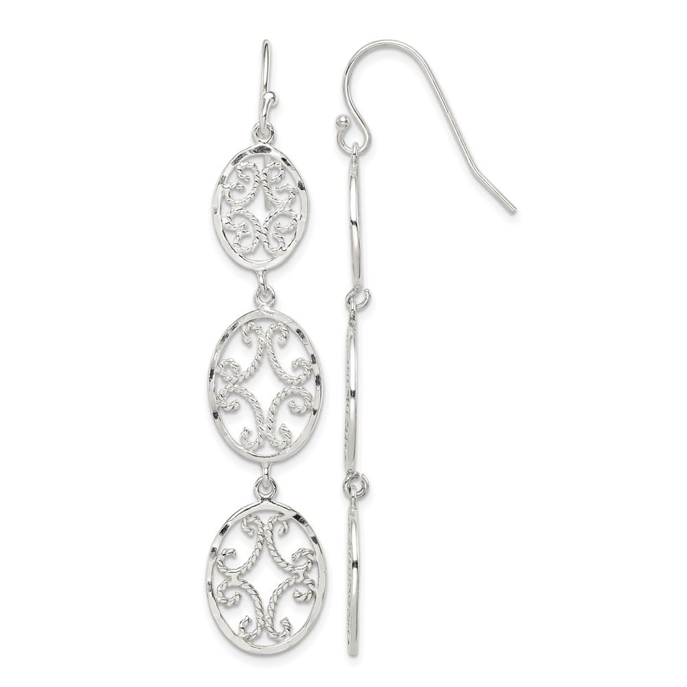 Sterling Silver Polished D.C. Filigree Triple Oval Dangle Earrings, view 1 of 4