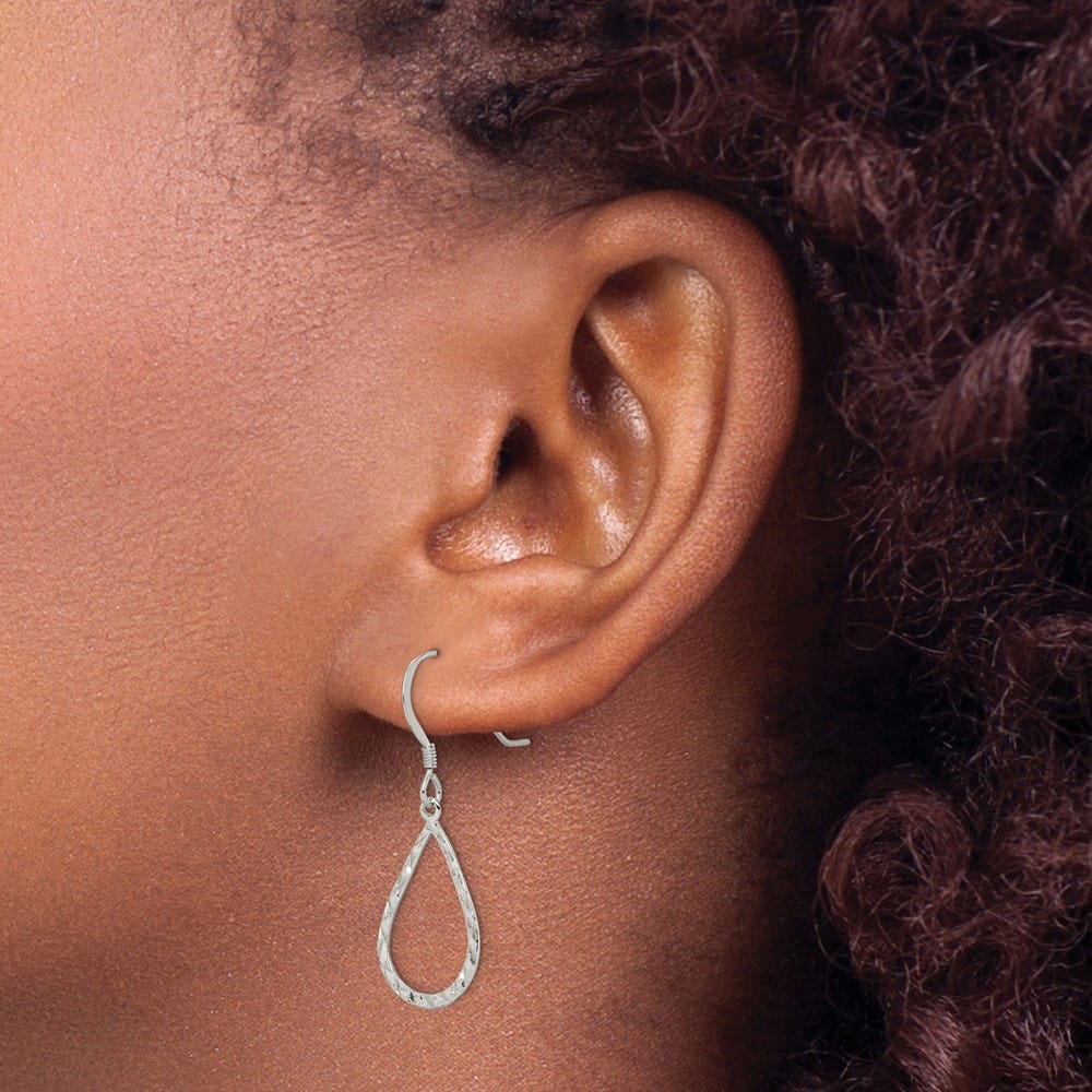 Sterling Silver Polished & D.C. Teardrop Dangle Shepherd Hook Earrings, view 3 of 4