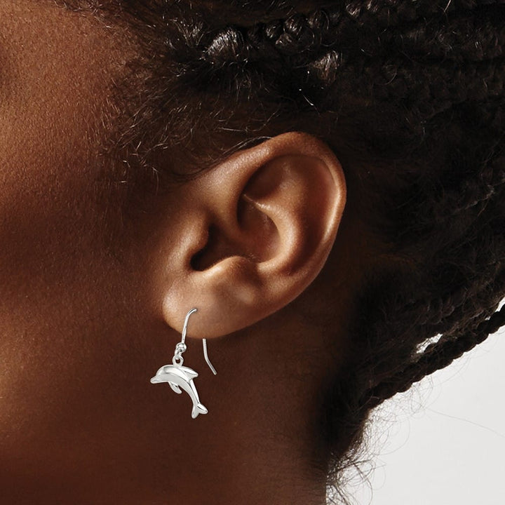 Sterling Silver Polished Dolphin Dangle Earrings, view 3 of 4