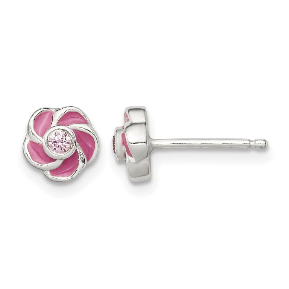 Sterling Silver Polished Enamel Flower CZ Post Earrings, view 1 of 4