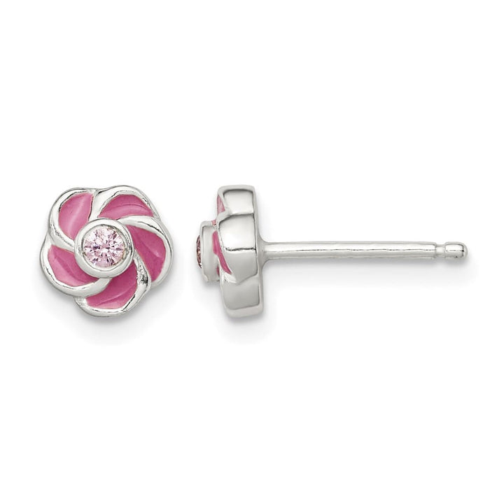 Sterling Silver Polished Enamel Flower CZ Post Earrings, view 1 of 4