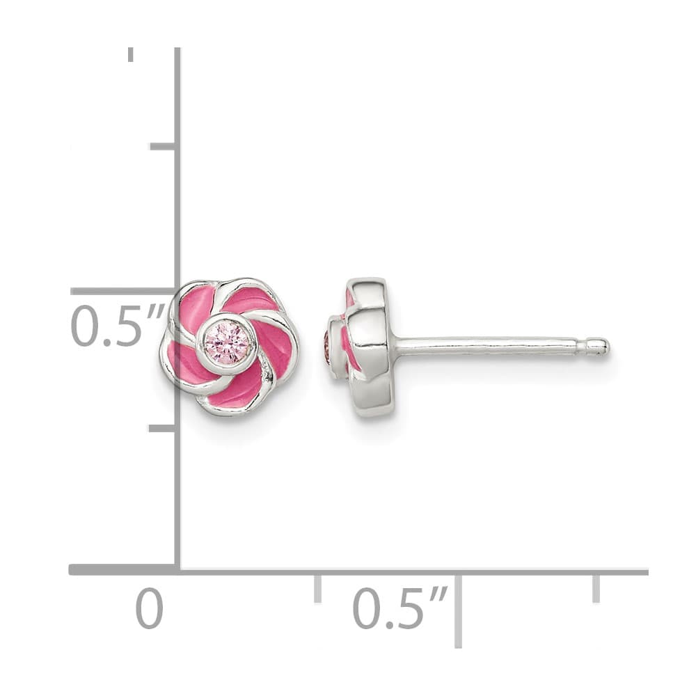 Sterling Silver Polished Enamel Flower CZ Post Earrings, view 4 of 4