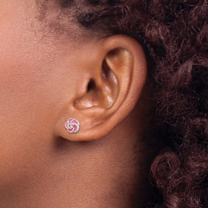 Sterling Silver Polished Enamel Flower CZ Post Earrings, view 3 of 4