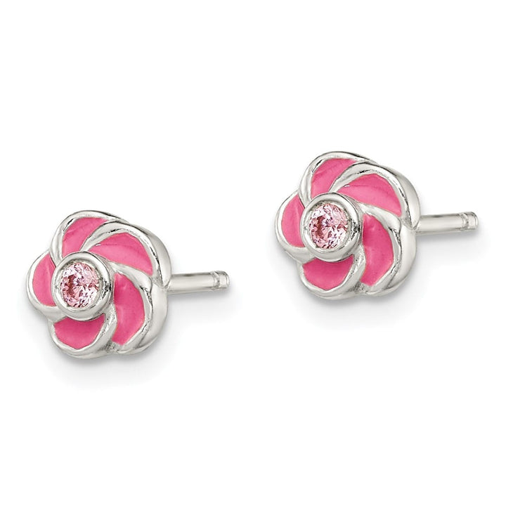 Sterling Silver Polished Enamel Flower CZ Post Earrings, view 2 of 4