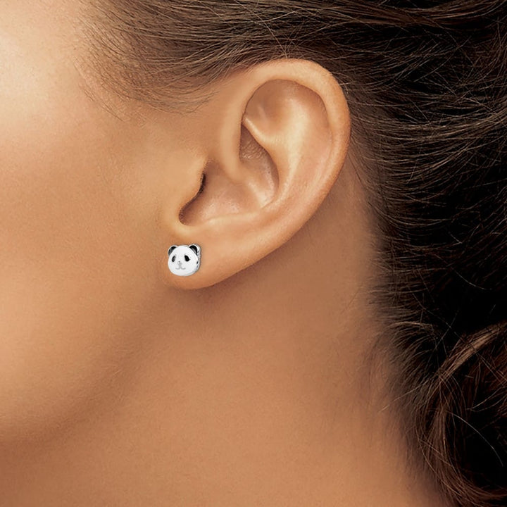 Sterling Silver Polished Enameled Black and White Panda Post Earrings