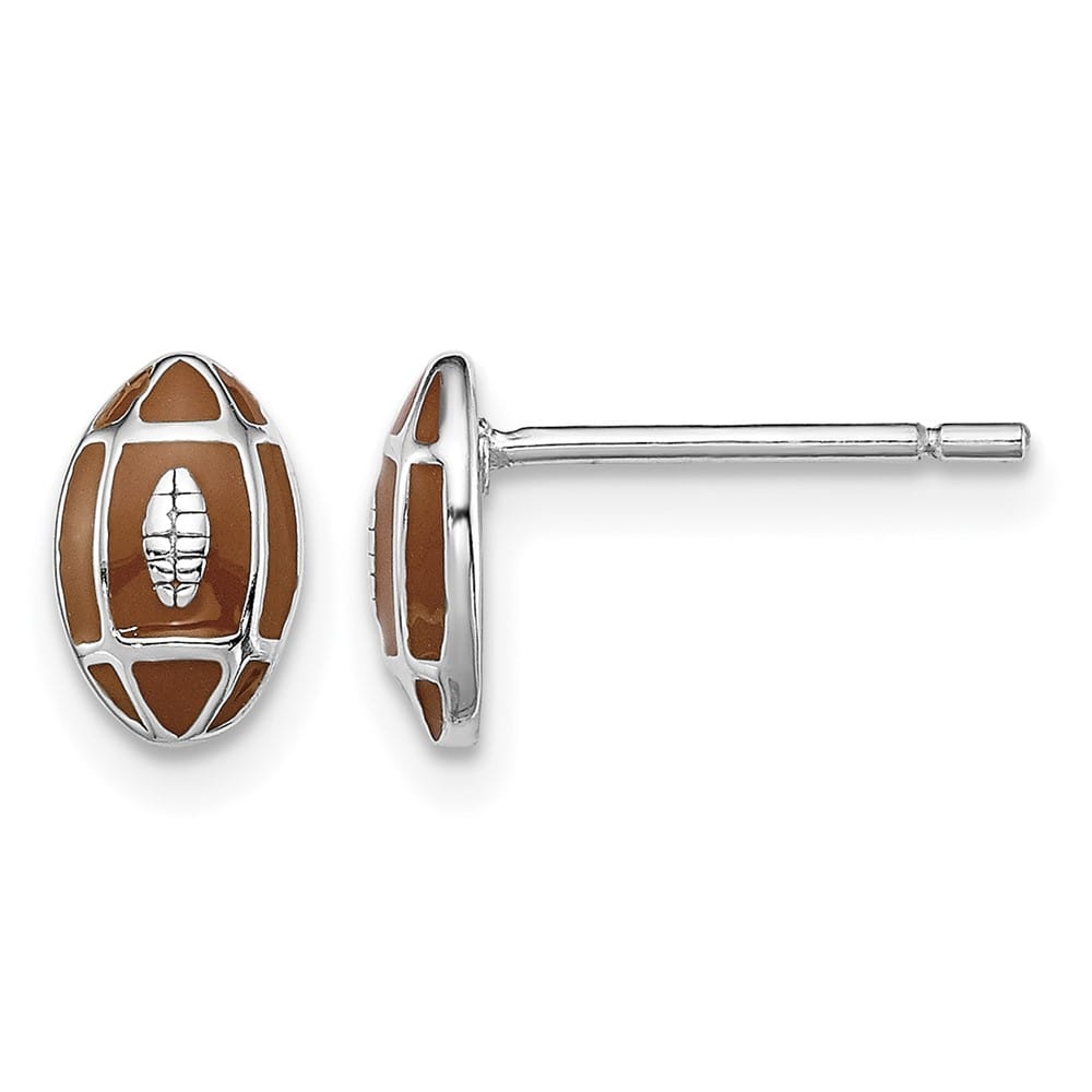 Sterling Silver Polished Enameled Brown Football Post Earrings