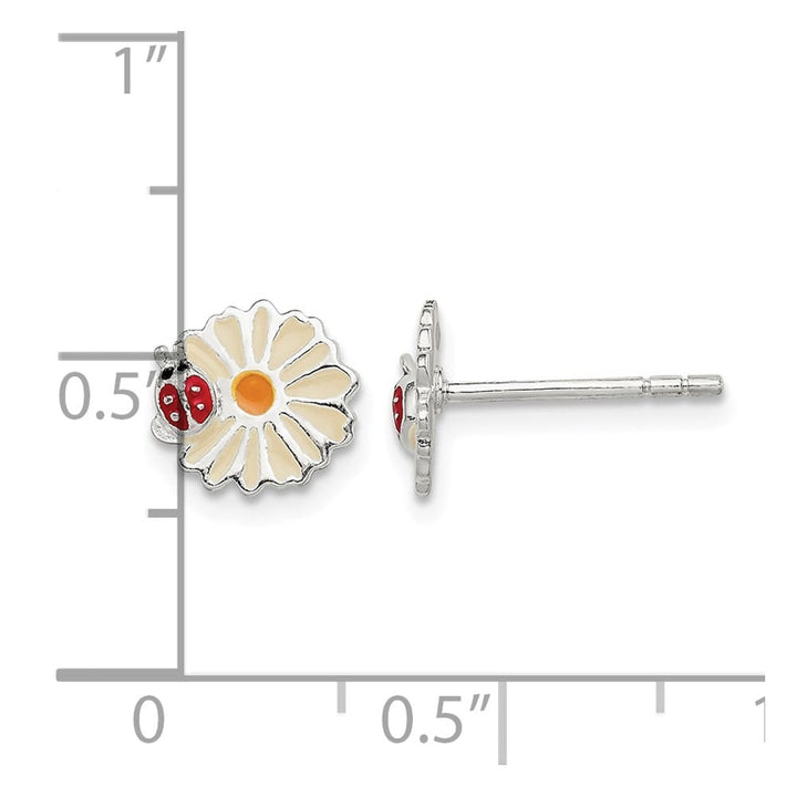 Sterling Silver Polished Enameled Daisy & Ladybug Post Earrings