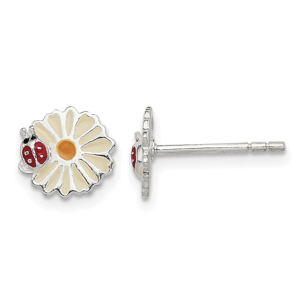 Sterling Silver Polished Enameled Daisy & Ladybug Post Earrings