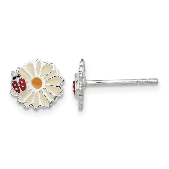 Sterling Silver Polished Enameled Daisy & Ladybug Post Earrings