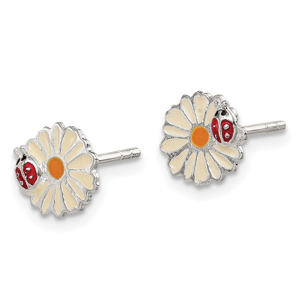 Sterling Silver Polished Enameled Daisy & Ladybug Post Earrings