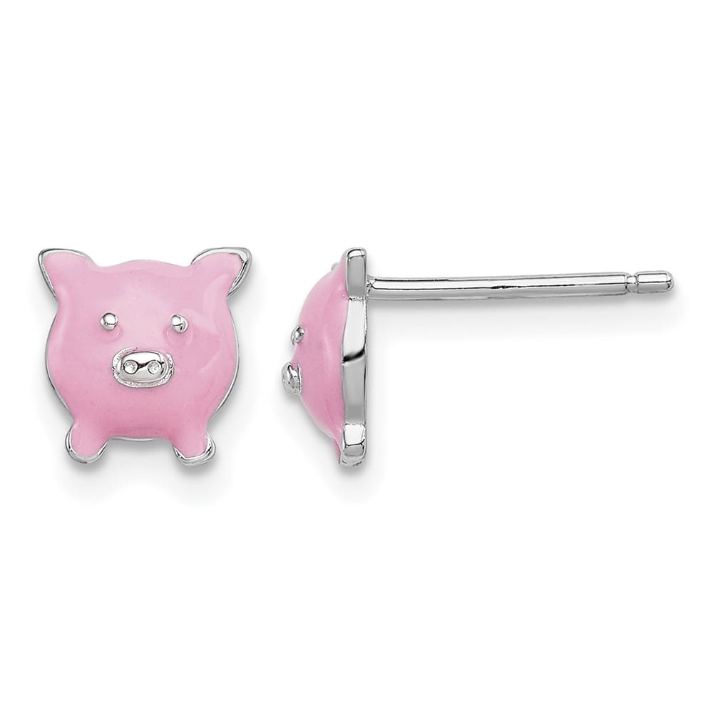 Sterling Silver Polished Enameled Pink Pig Post Earrings
