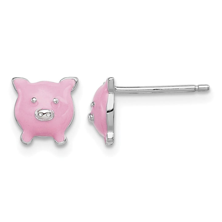 Sterling Silver Polished Enameled Pink Pig Post Earrings