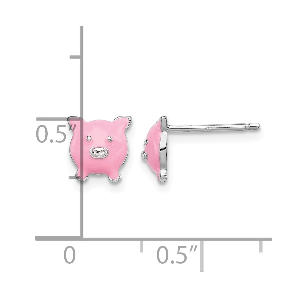 Sterling Silver Polished Enameled Pink Pig Post Earrings