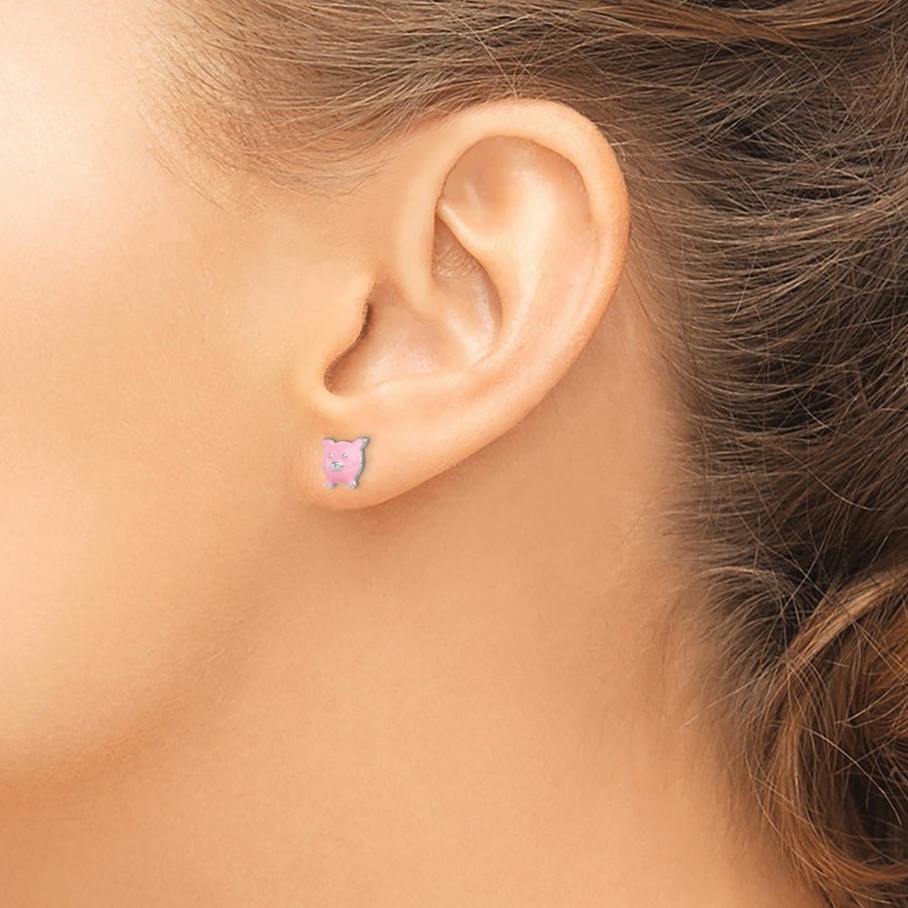 Sterling Silver Polished Enameled Pink Pig Post Earrings