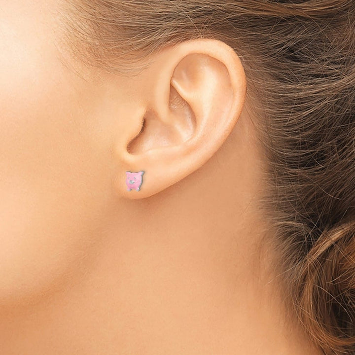 Sterling Silver Polished Enameled Pink Pig Post Earrings
