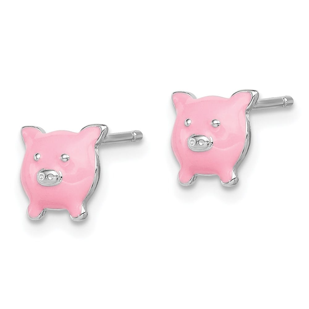 Sterling Silver Polished Enameled Pink Pig Post Earrings