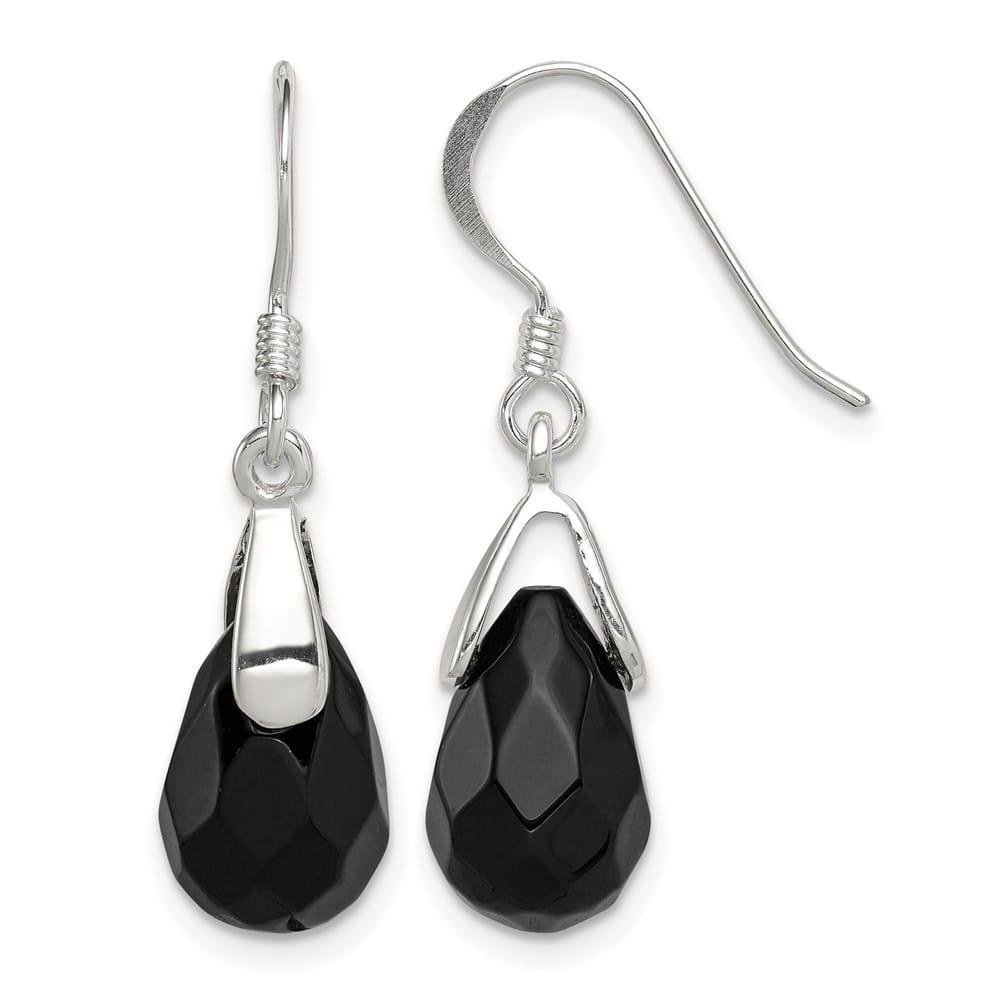 Sterling Silver Polished Faceted Onyx Teardrop Dangle Earrings, view 1 of 4